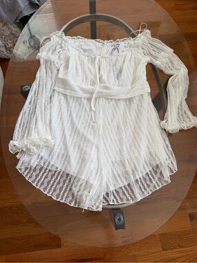 Fashion Nova White Lace Off-Shoulder Romper